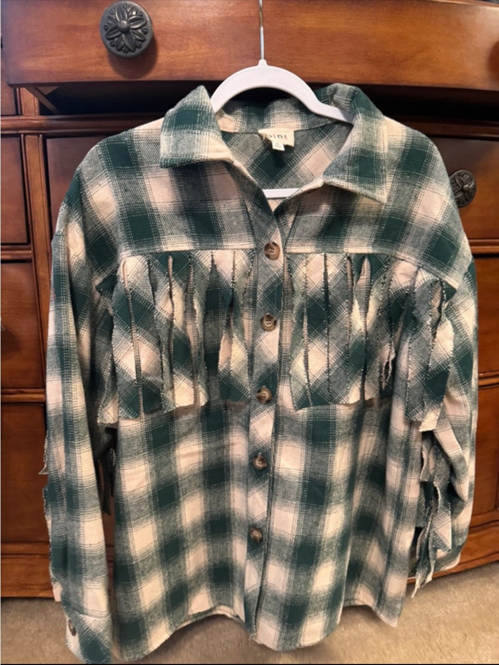BiBi Green and White Plaid Button-Down Shirt Jacket